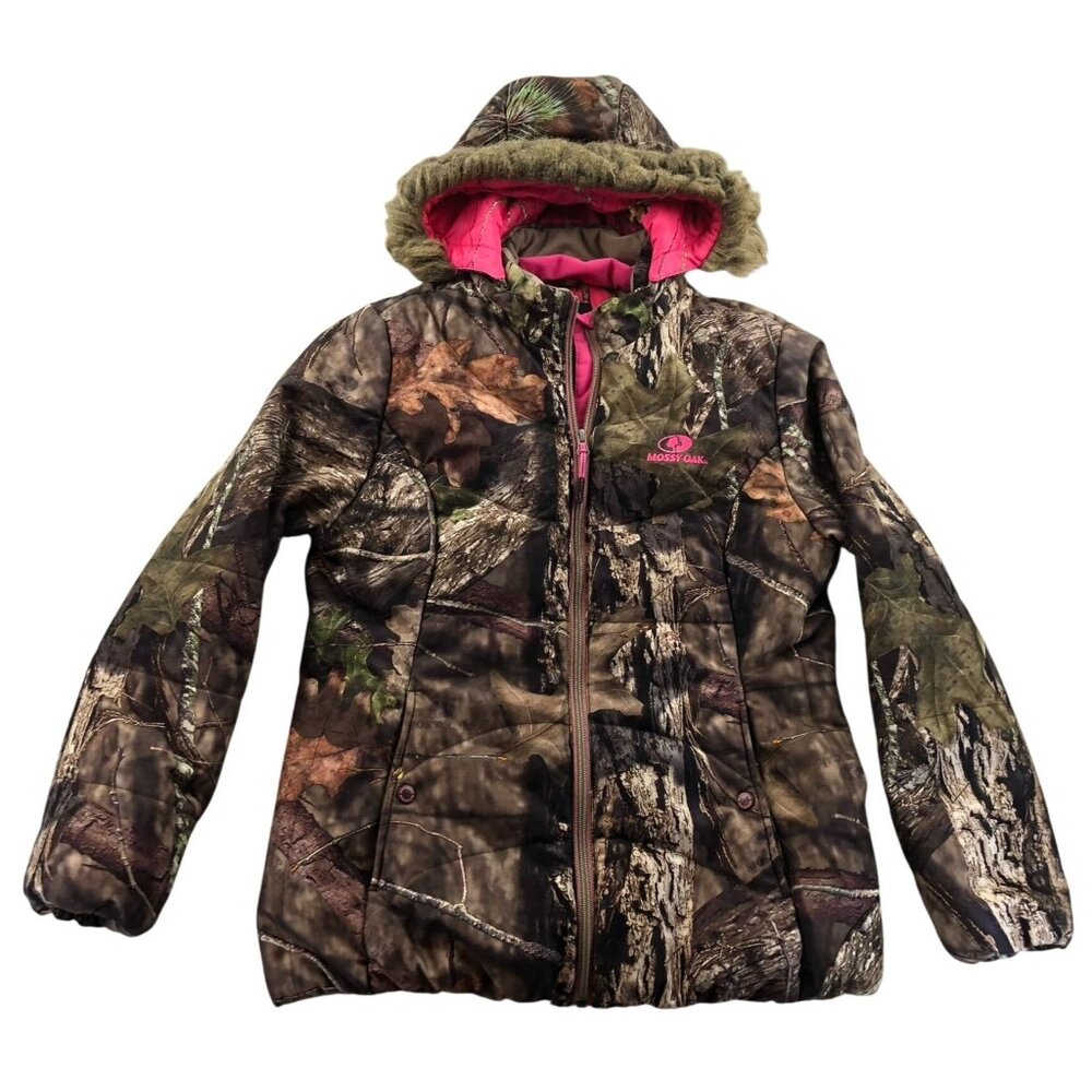 Mossy Oak Girls Puffer Hunting Jacket Large Hooded Greeen Camouflage Outdoors